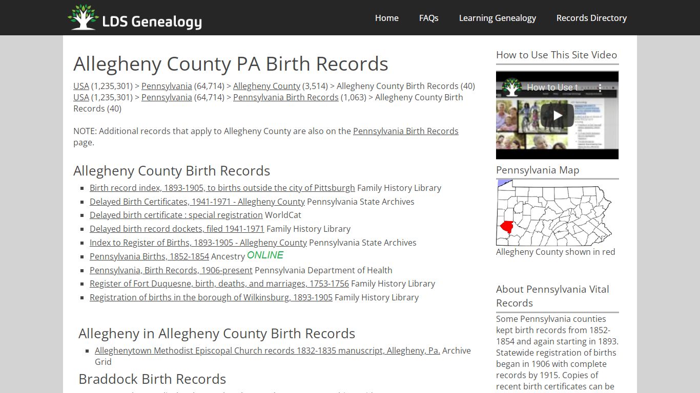 Allegheny County PA Birth Records - LDS Genealogy