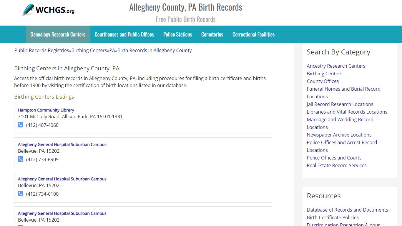 Allegheny County, PA Birth Records - Free Public Birth Records - WCHGS.org